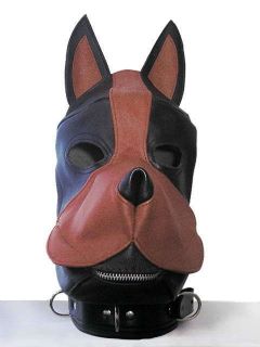Leather DOG MASK HOOD Black & Brown with SILICON Mouth Gag PREMIUM 
