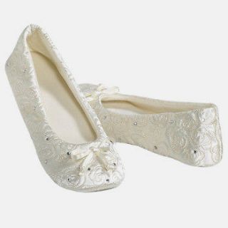 ISOTONER LG IVORY SATIN QUILTED WEDDING FORMAL BALLET SLIPPERS 