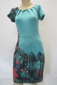 NWT Ema Savahl Size S Teal Dress W/ Pleated Neckline & Coral Flowers 