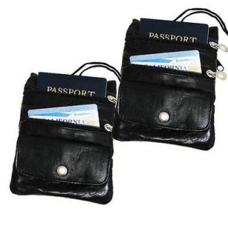 TWO PASSPORT Leather ID Holder Neck Travel Pouch Wallet/ Black
