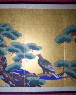 Beautiful Four Panel Japanese Table Screen with Eagle on Branch