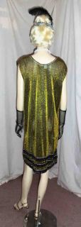 Gold Lurex Roaring 20s Flapper Costume w Gloves Headband and Pearls 