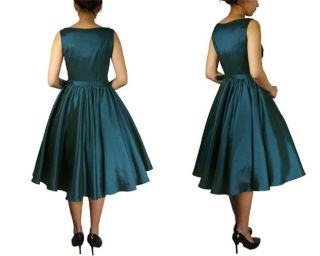 60s Retro Pinup Teal Satin Flare Swing Dress 12 L