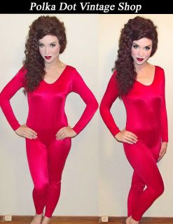 Womens Vintage 80s Red GLOSSY Shiny SPANDEX Catsuit Unitard Workout 