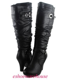 Black Leatherette Cutie Comfy Mid Heel Slouchy Belt Strap Dress Knee 