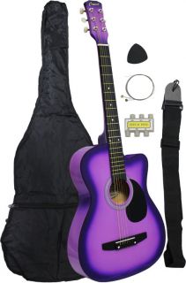 New Beginners Purple Cutaway Acoustic Guitar Gigbag Strap Tuner Lesson 