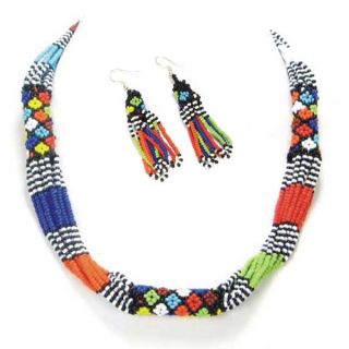 African Bead Necklace Earrings Set Multicolor Seed Beads Silver Plate 