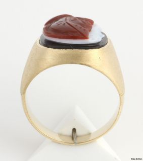 Vintage Carved Warrior Cameo Agate Ring 18K Solid Yellow Gold Band 12 