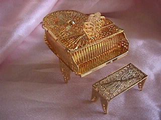 Vtg Miniature Goldtone Filigree Piano w Bench Boxed