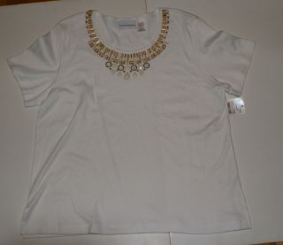 Alfred Dunner Shirt Size Medium M White with Tan and Gold Beads