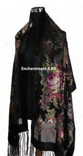   100% Silk Burnout Velvet Vintage Floral Oblong Scarf Shawl Wrap, Black