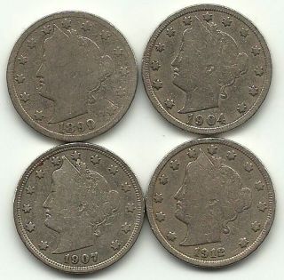 Four Different Liberty Nickels 1899 1904 1907 1912