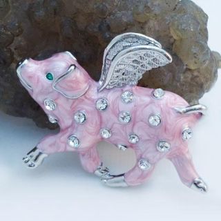 Angel Pig Wing Piggy Brooch Pin Pink Rhinestone Crystal Enamel Animal 