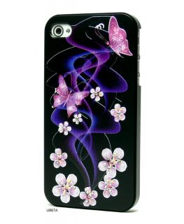 Butterfly Magic Flowers Night Relief Rhinestones Cover Case for iPhone 