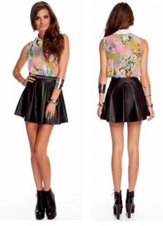 NWTs BLACK LEATHER LOOK MINI FLARE A LINE ROCKABILLY VINTAGE SKIRT 