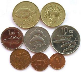 Iceland Marine Animal Set of 8 Coins 5AURAA 100KRONUR