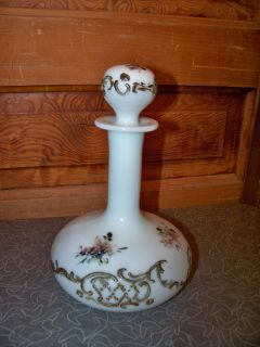 Antique Victorian Milk Glass Genie Bottle Decanter Hand Painted