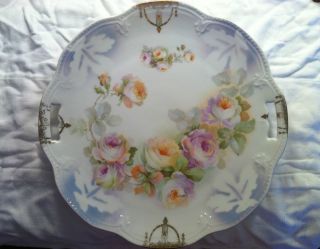    Bavaria Plate 10 roses gold accents serving handles antique china