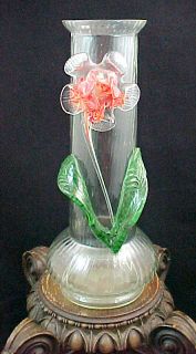   Antique Bohemian Signed Czech Kralik Applied Red Flower Art Glass Vase