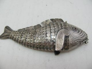 ANTIQUE LARGE SILVER FISH SPICE CONTAINER w HALLMARKS JUDAICA