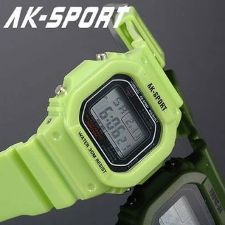 Mens Ladies AK Sport DAY DATE ALARM LED Light Green Sport Wrist Watch 