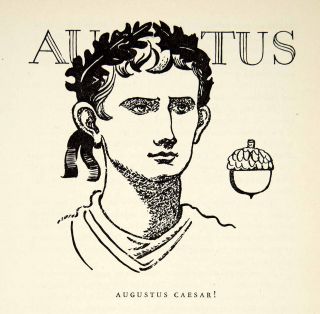 1947 Lithograph Portrait Augustus Caesar Acorn Roman Emperor Genevieve 