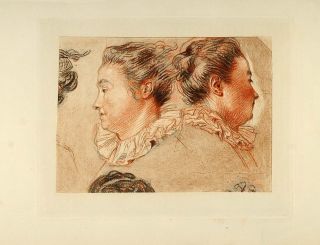 1882 Lithograph Women Heads Portrait Antoine Watteau   ORIGINAL