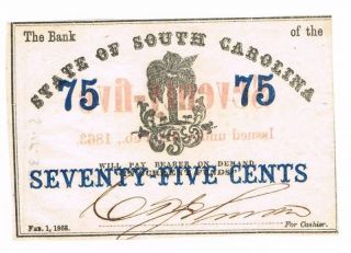 state of south carolina 1863 75 cents civil war note ch  85 