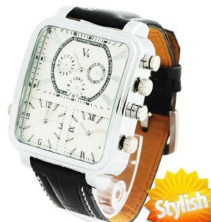  Zone men Black Leather quartz wrist watch Sport Casual Analog Clock