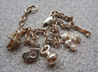   SOLID SILVER BABY CHARM BRACELET DUMMY RATTLE SPOON TEDDY CHARMS SMALL