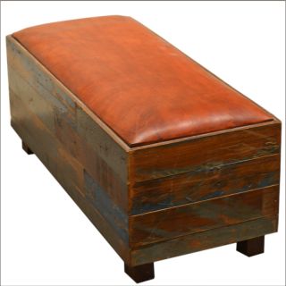   Reclaimed Wood Leather Upholstery Rustic Backless Living Room Bench