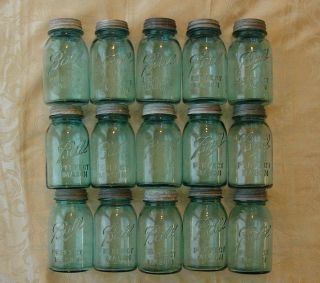15 Vintage Blue Ball Mason Quart Canning Jars with Zinc Lids WEDDINGS 