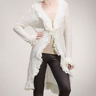 White Bari Sweet Cascading Ruffle Long Cardigan Sweater Coat 14 C148 S 