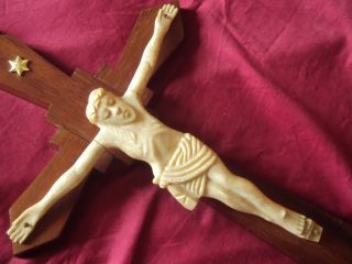 Antique French Carved Christ Corpus on Crucifix Wood 20th Century 1930 