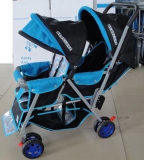 BeBeLove 425 Twins Double Tandem Stroller in Blue/Black NEW