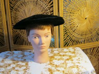 Barbara Lee 1950s Black Pancake Style Hat Made in California Vintage 