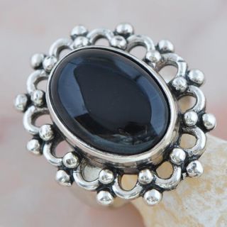 Mysterious Bejou Black Agate Silver Fashion Ring US Size 7 AR 166 