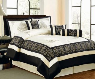 PC Black Beige Satin Comforter Set Queen Size Bed in a Bag New