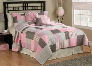 Modern Pink Grey Stripe Patchwork Girl Twin Bedding Set