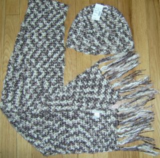 NWT maurices brand SOFT brown, tan, white winter beane hat & scarf set