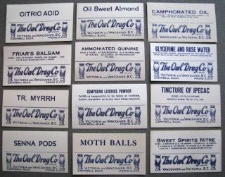 12 dif The Owl Drug Co w Bird Obsolete Medicine Bottle Labels Victoria 