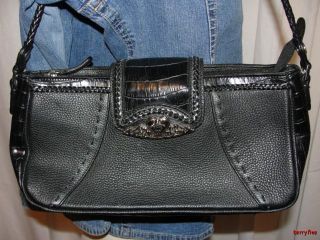 BFS03 Coldwater Creek Black Croc Embossed Style Shoulder Bag Handbag 