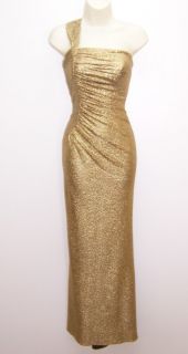 Betsy & Adam Gold Metallic One Shoulder Ruched Formal Gown Dress 6 NWT