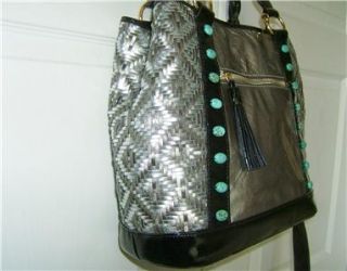 Beverly Feldman Patent Handbag Turquoise Colored Beads Removable Strap 