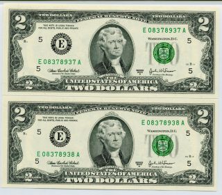 237 2003 A Two Dollar Bill 2 Consecutive Serial Uncirculated