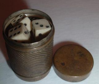 World War One Era Brass Match Safe Filled with Miniature Ox Bone Dice 