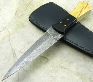 Full Tang Fixed Damascus Steel Blade Double Edge Olive Wood Dagger 