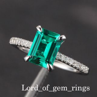 Claw Prongs 6x8mm Emerald Pave Diamonds 14K White Gold Wedding Ring