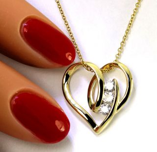 FLOWING .30CT 3 DIAMOND 14K YELLOW GOLD HEART PENDANT CABLE LINK CHAIN 