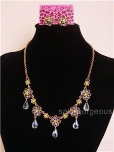 100 Betsey Johnson Iconic Blue Flower Garden Necklace Earrings Set 